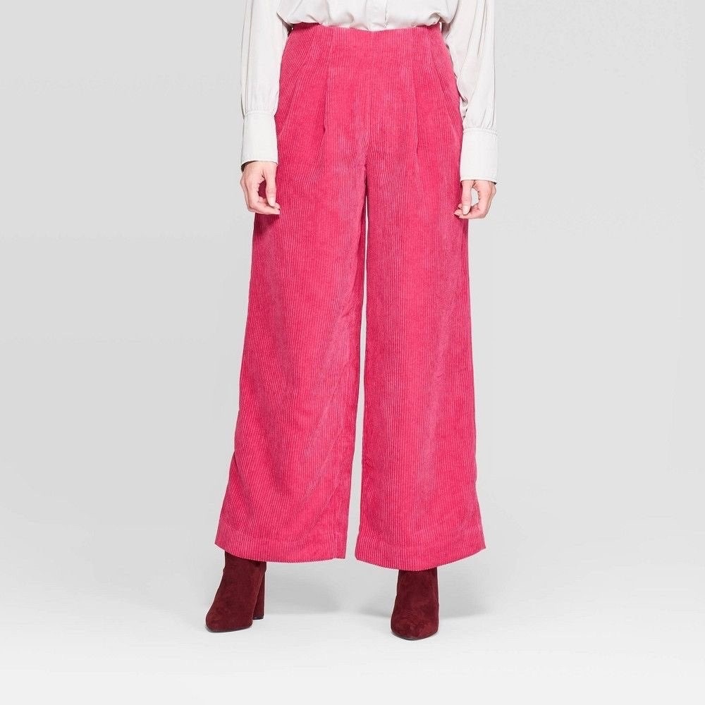 Hot Pink Corduroy Mid Rise Wide Leg Pants